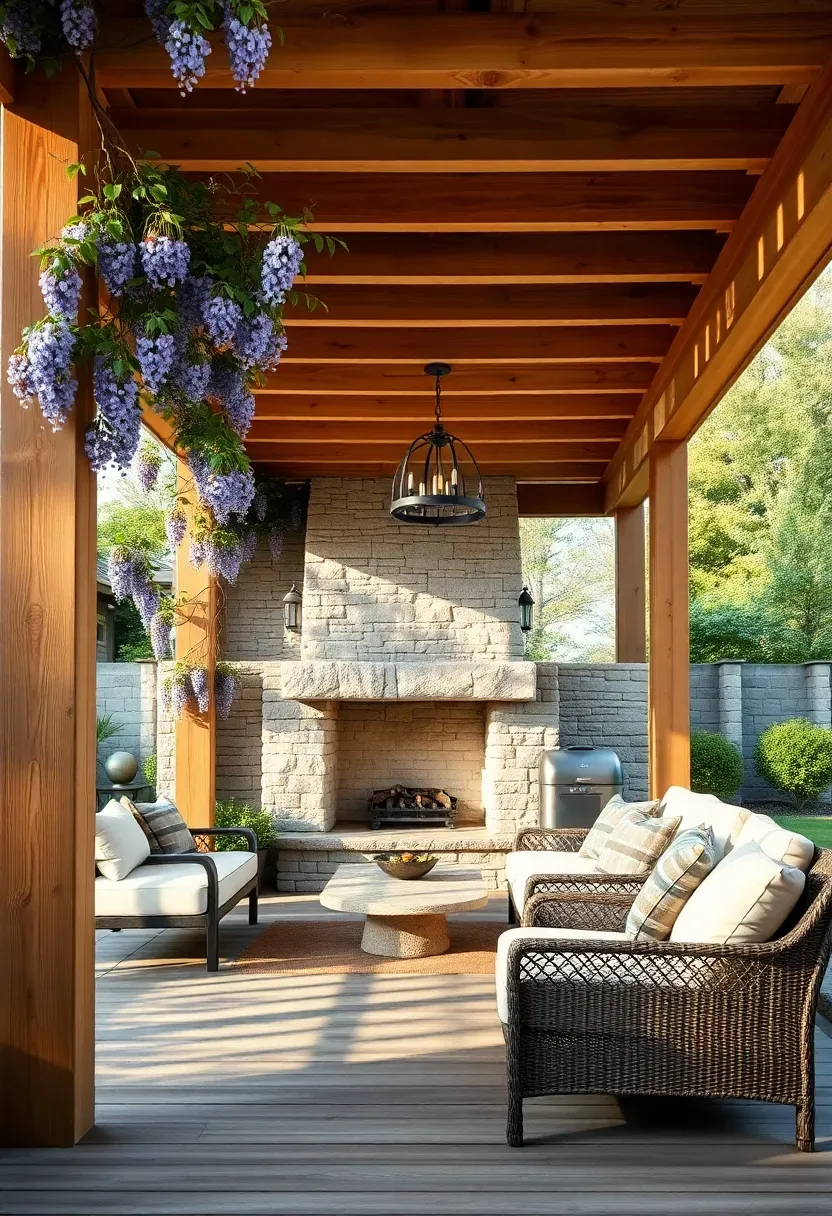 A wooden pergola with a stone fireplace built into the back wall creating a covered outdoor living room with climbing vines on the posts