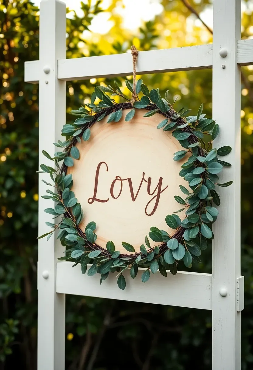 eucalyptus and olive branch wreath surrounding a circular wooden baby shower welcome sign with burned lettering hanging on a garden trellis