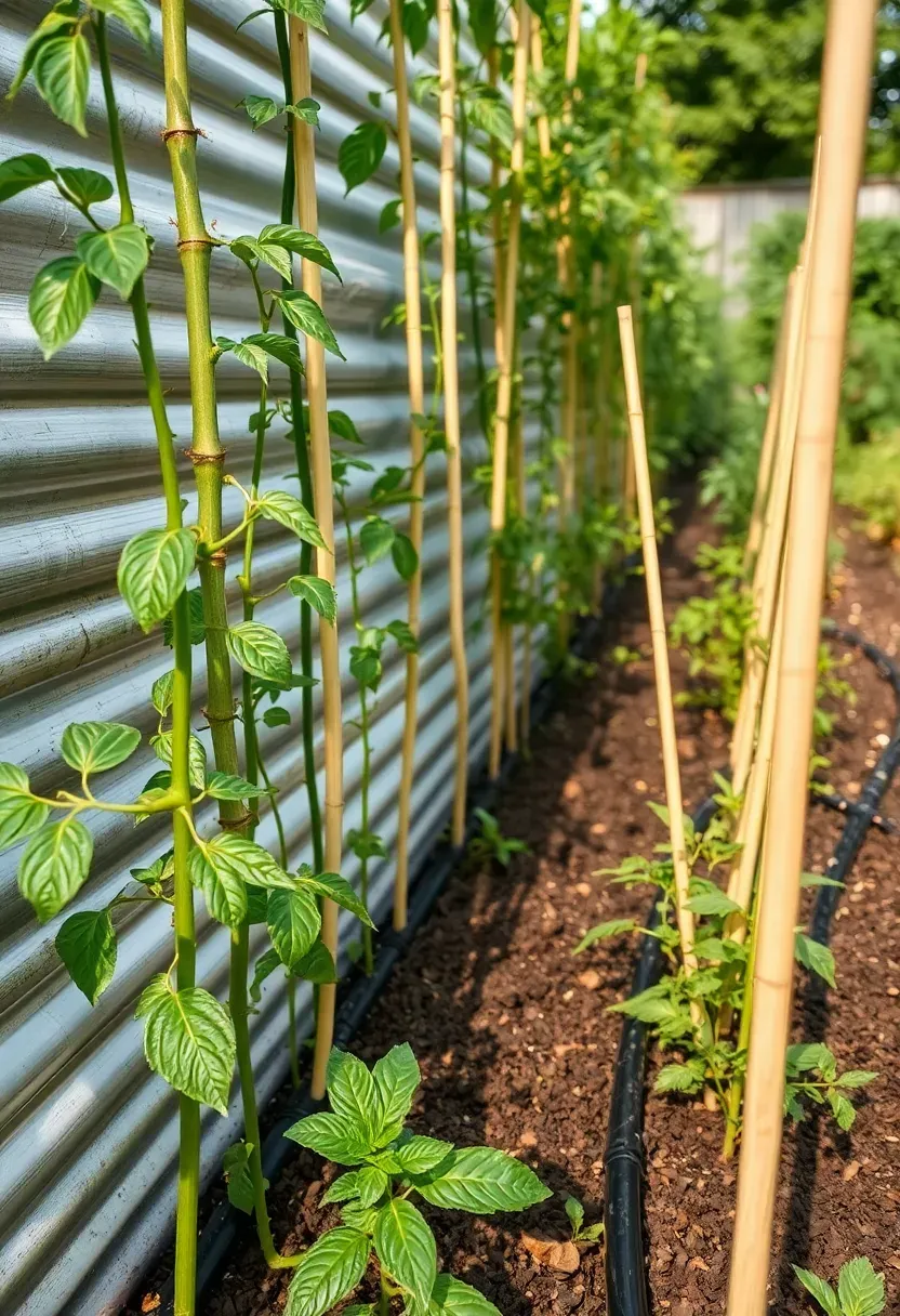 Galvanized metal raised garden beds in a Texas backyard with tomato plants, peppers, and herbs, with drip irrigation lines visible