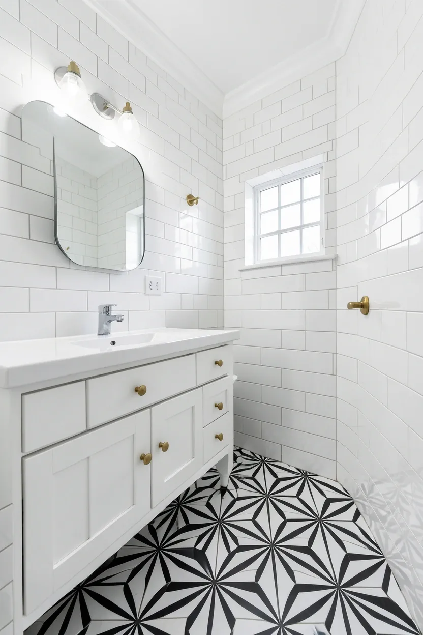 White bathroom with bold black and white geometric hexagonal floor tiles, white subway tile walls, and pedestal sink