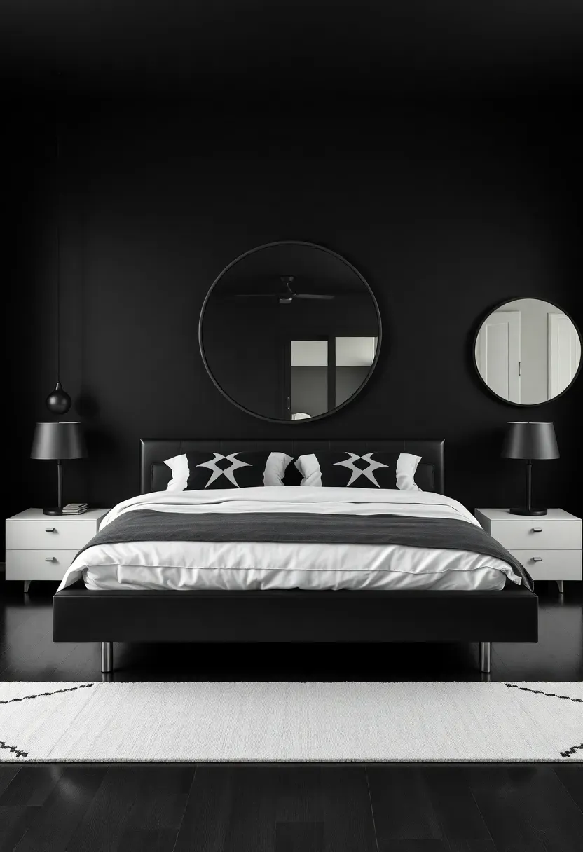 Hyper-realistic wide shot of a moody modern bedroom with matte black walls, queen bed with white duvet and black geometric pillows, black platform bed, white floating bedside tables, modern black pendant lights. Visible room context with white geometric rug, large round mirror with black frame. Materials: matte black paint, white cotton, black geometric pattern, white lacquer. Clean modern lighting with reflections from mirror, sharp shadows. No text, no logos, no watermarks.</p>