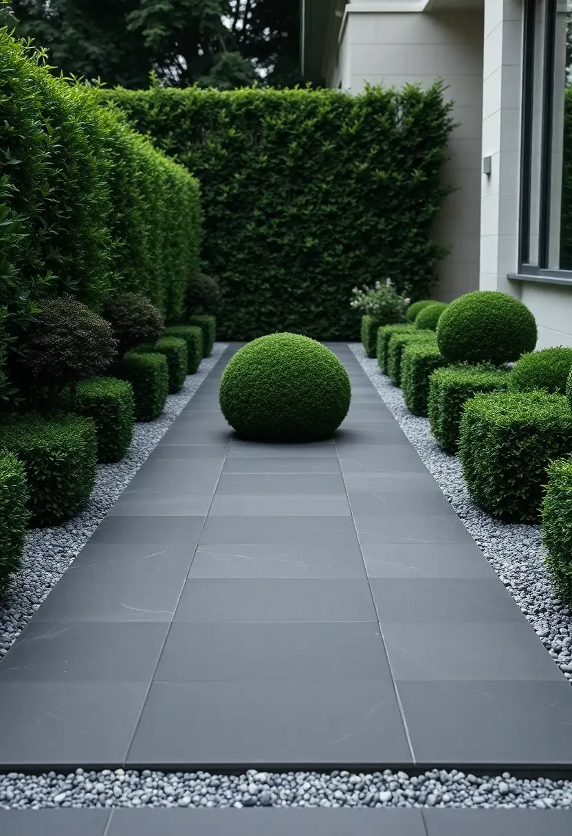 Rectangular slate tiles in dark gray forming a modern walkway through a minimalist backyard with clipped boxwood hedges