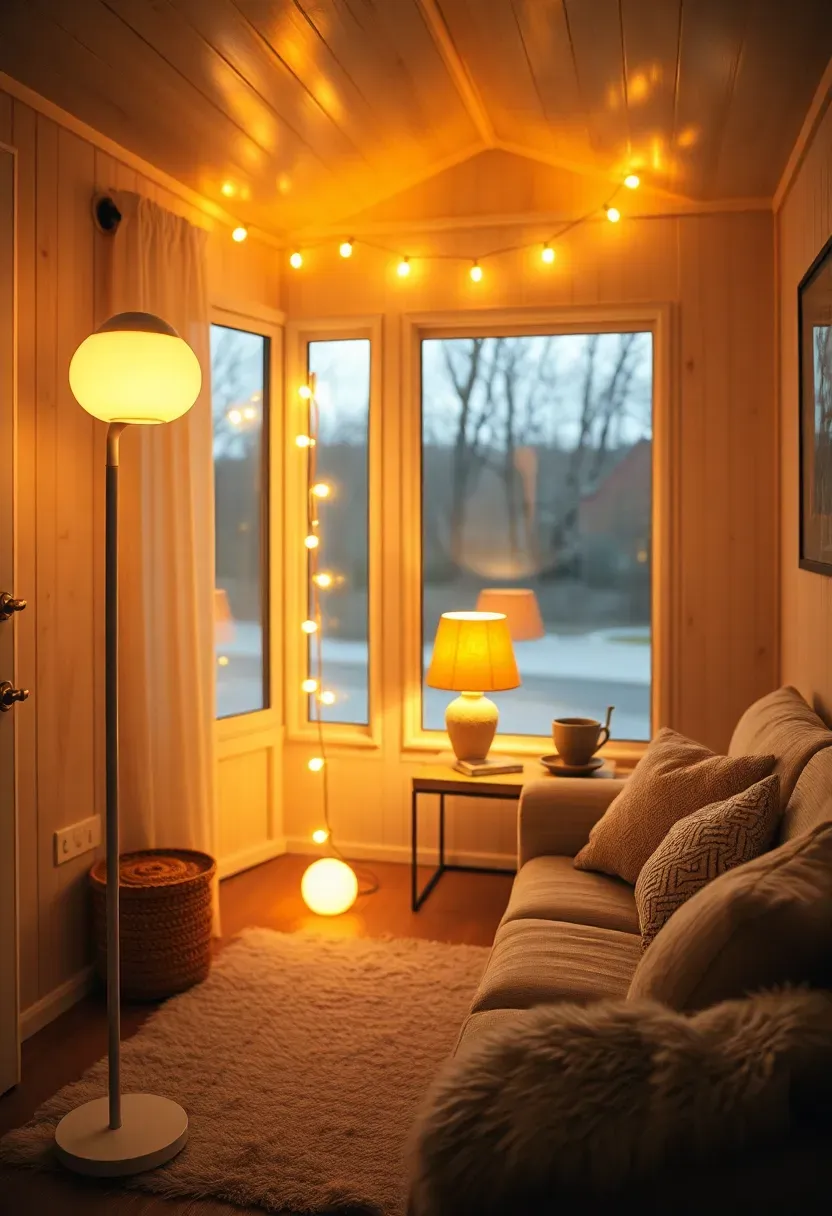 Hyper-realistic 3/4 view of tiny house living room in evening with warm layered lighting creating cozy ambiance. Materials: warm white LED floor lamp, string lights with warm glow, table lamp with amber shade, light wood walls, plush furnishings. Soft multiple light sources creating inviting warmth, beige and cream color palette with golden light pools, hygge winter evening mood. Shallow depth of field, sharp details on lamp fixtures and warm light quality, visible tiny house scale with intimate seating area. No text, no logos, no watermarks.</p>
