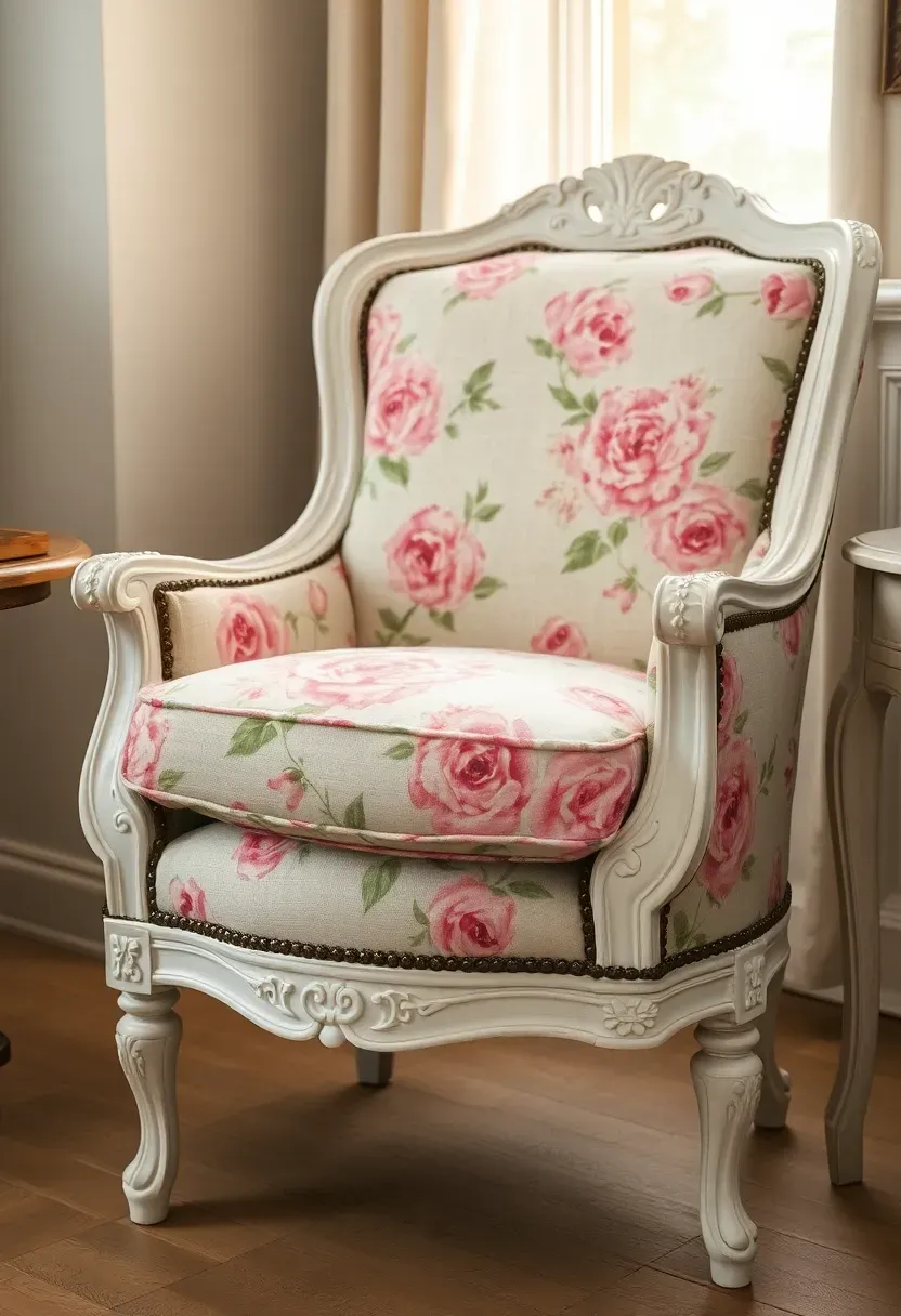 Vintage bergere accent chair upholstered in faded rose floral fabric near a sunny window