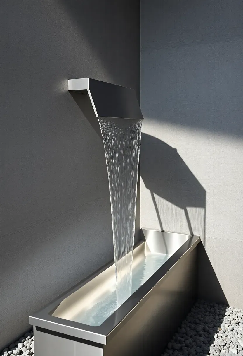 Sleek stainless steel sheer descent blade mounted on a modern concrete wall with a thin sheet of water falling into a narrow trough