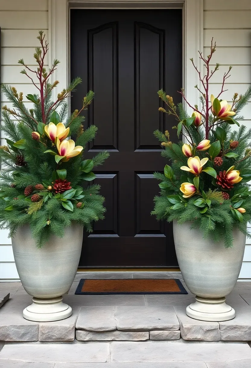 Hyper-realistic eye-level exterior shot of front entrance featuring two large concrete urns flanking dark stained wood door. Each urn (24 inches tall) contains abundant arrangement: fresh balsam fir boughs, glossy magnolia leaves showing green and bronze sides, long pine cones, bright red-twig dogwood stems, small sprigs of berried holly. Warm white LED fairy lights woven throughout greenery create subtle glow. Urns sit on stone porch landing, white house siding with black trim visible, brass house numbers and door hardware. Overcast daylight (4500K) creating even illumination showing texture contrast between glossy magnolia and matte fir, substantial welcoming mood, medium shot symmetrical composition emphasizing entrance framing. No text logos watermarks.</p>