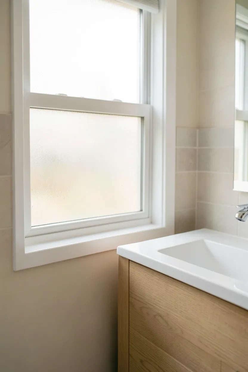 Frosted window film on small apartment bathroom window allowing soft natural light while maintaining privacy