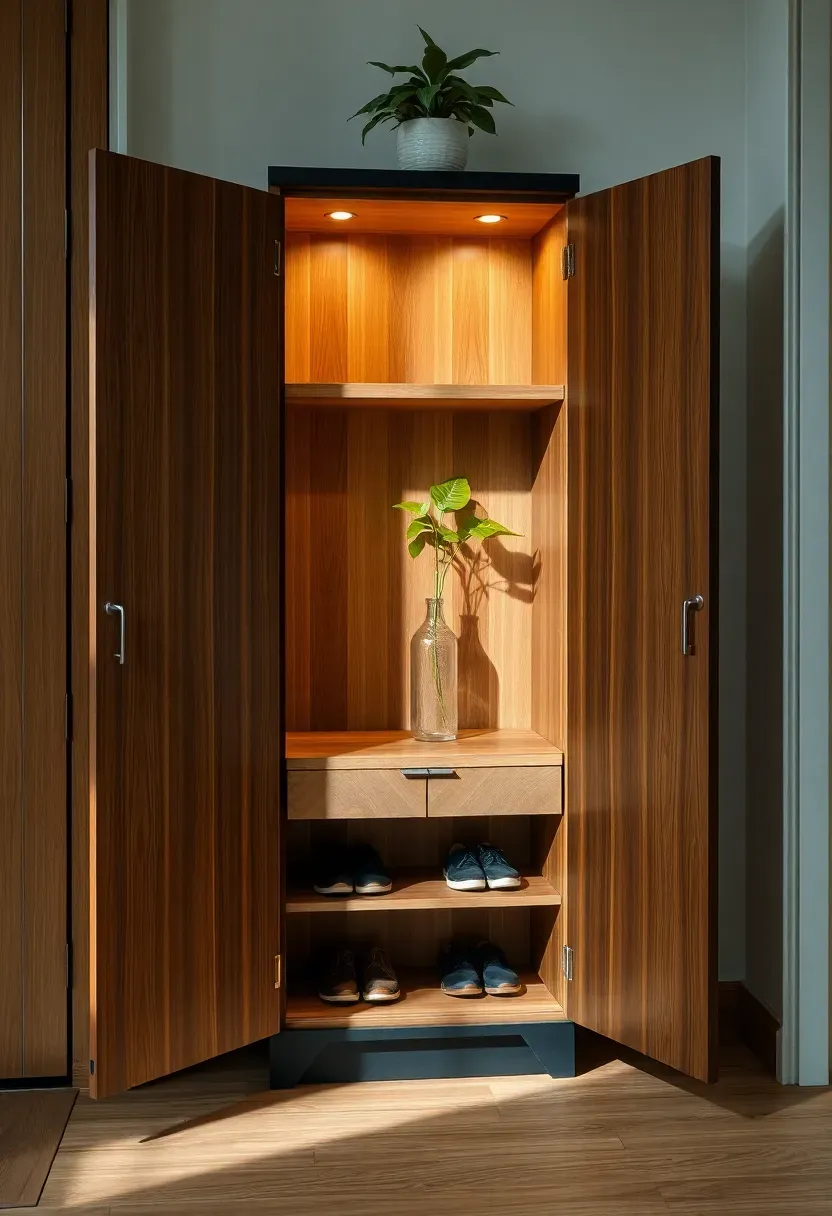 Slim walnut veneer shoe cabinet with push-open doors in apartment entryway with indoor plant on top