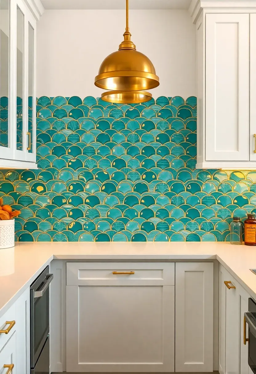 teal moroccan fish scale tile backsplash with glossy glaze in a white kitchen with gold pendant lights