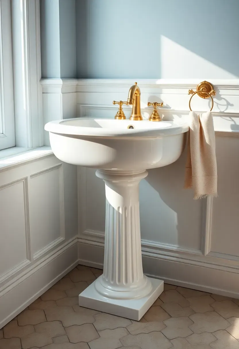 Classic white pedestal sink with an ornate brass towel ring mounted on the wall beside it