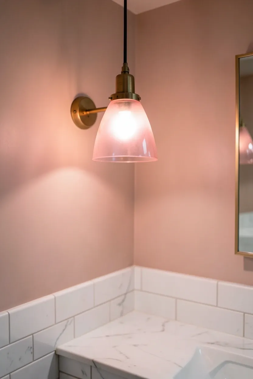 Pink glass pendant light above vanity casting warm rosy glow in a small apartment bathroom with white tile walls