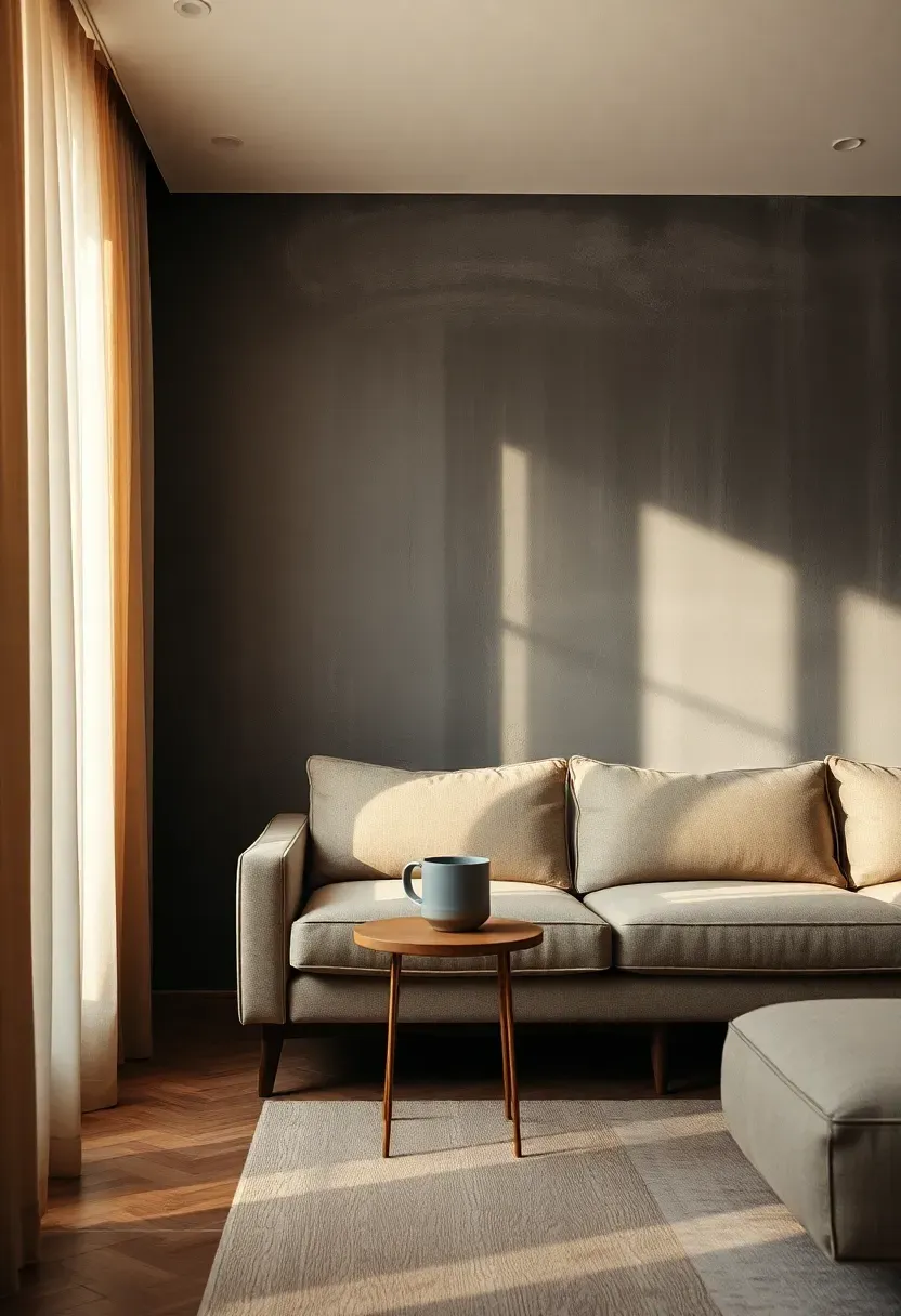 Living room accent wall finished in deep charcoal limewash with subtle tonal variation and a low-profile sofa in front