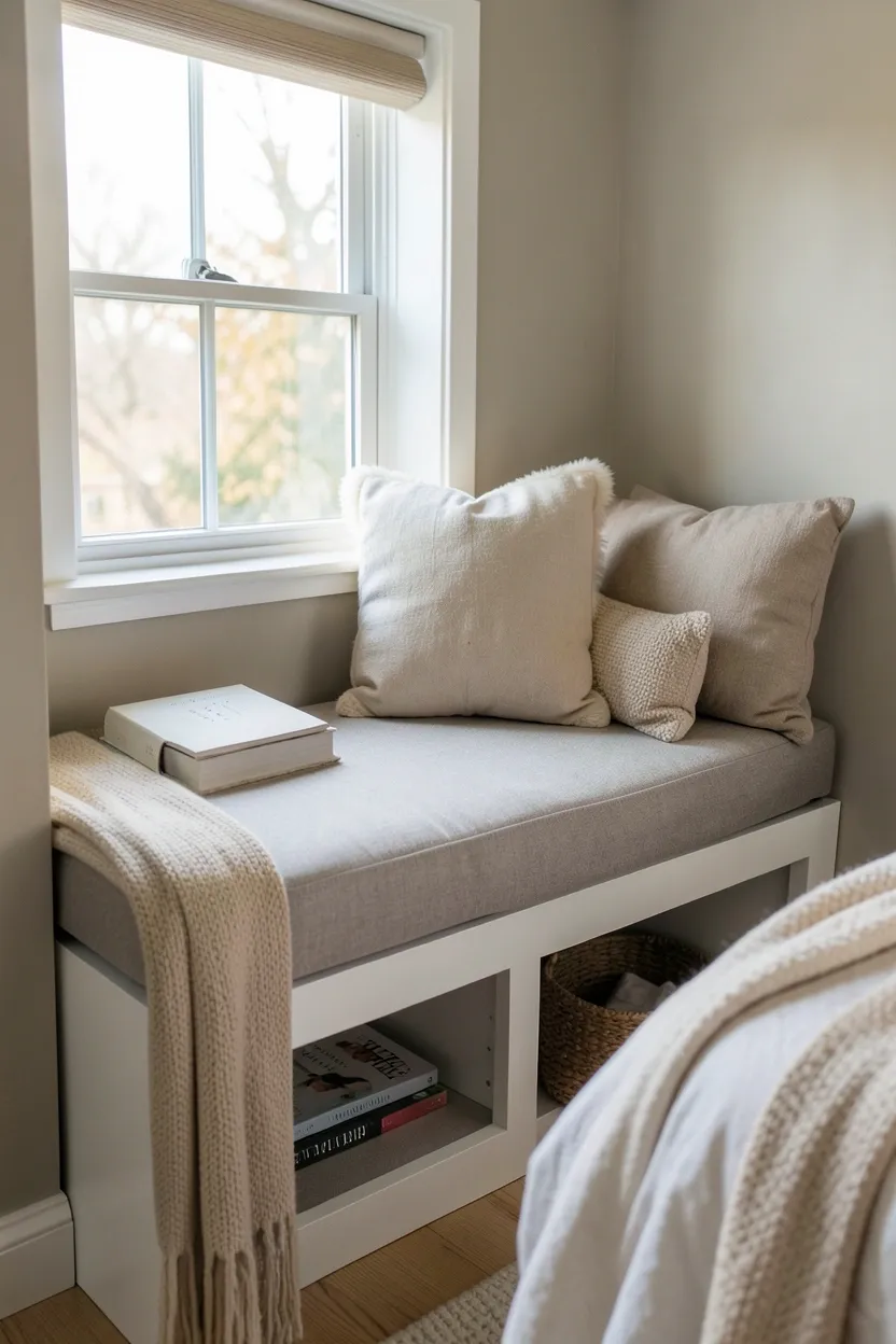 Built-in window seat with hinged storage lid and cozy cushion in a bright small bedroom, doubling as a reading nook