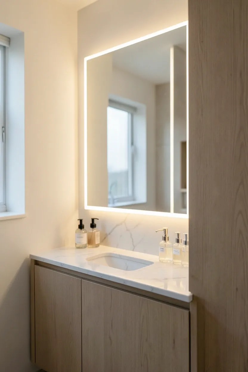 Backlit mirror cabinet with warm LED halo glow mounted above a white sink in a sleek modern bathroom