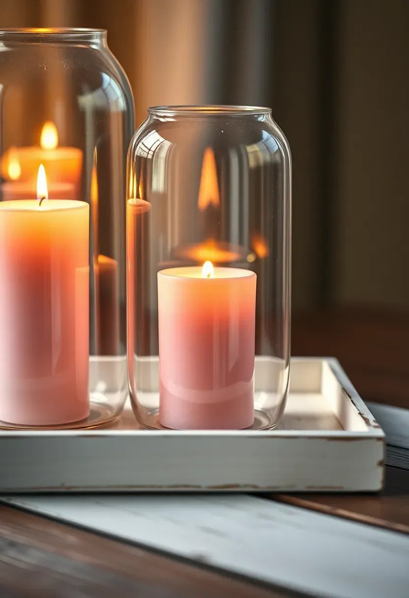 Pastel pillar candles inside clear glass hurricane lanterns on a vintage tray