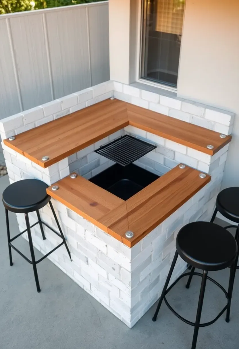 Modular concrete block grill bar with a charcoal grill insert, painted block base, wooden countertop, and four bar stools on a concrete patio