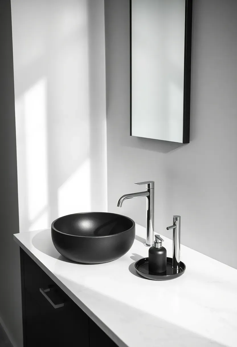 Matte black vessel sink on a white quartz countertop with chrome faucet and minimal accessories