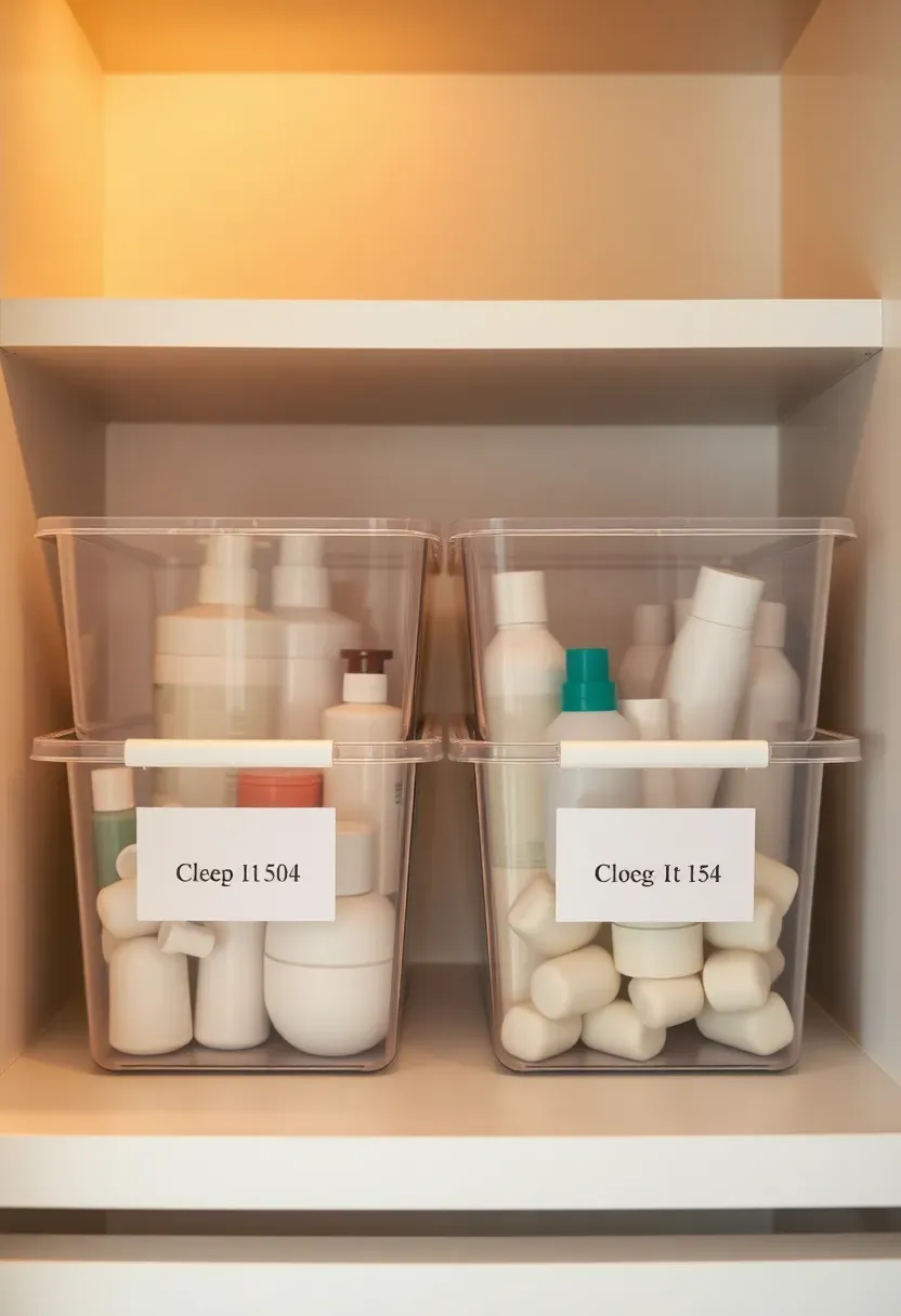 Row of clear plastic bins with printed labels on a bathroom closet shelf holding sorted toiletries
