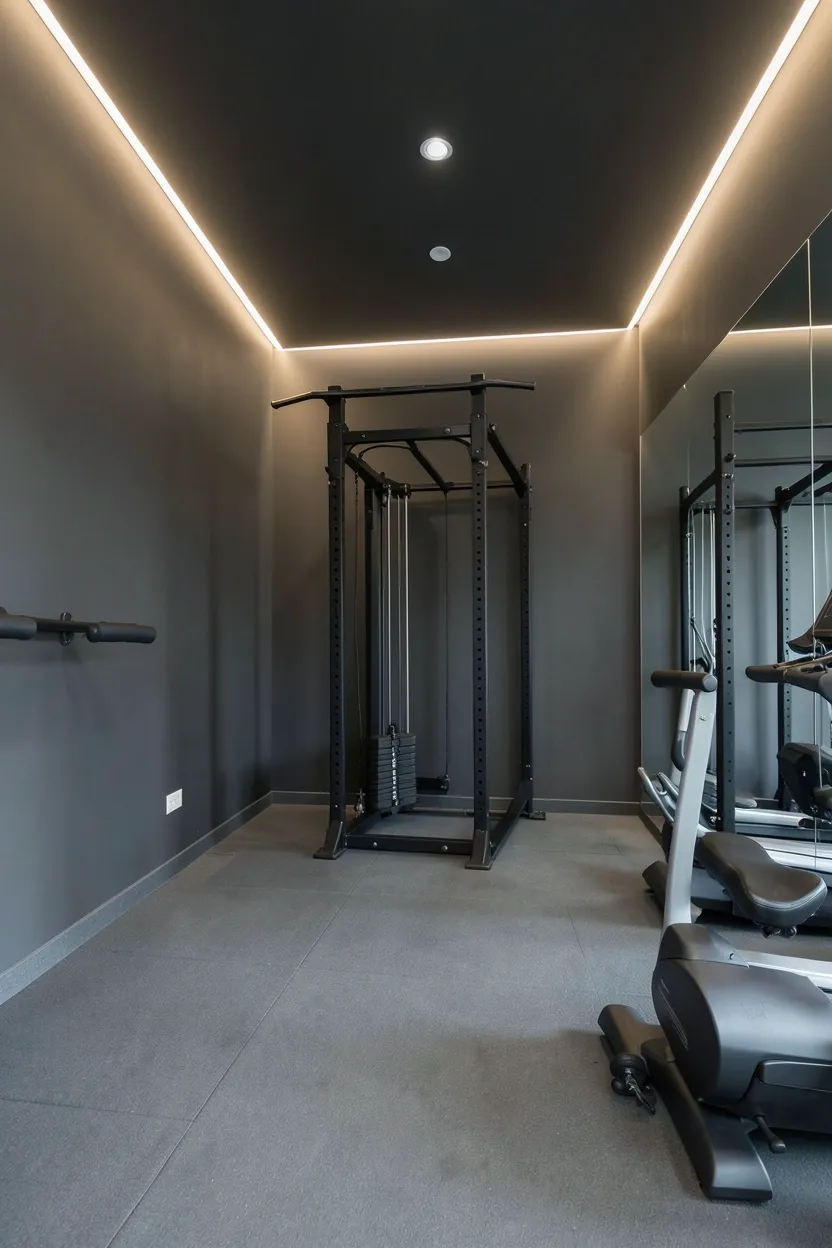 Dark slate grey home gym with indirect cove lighting washing the ceiling perimeter