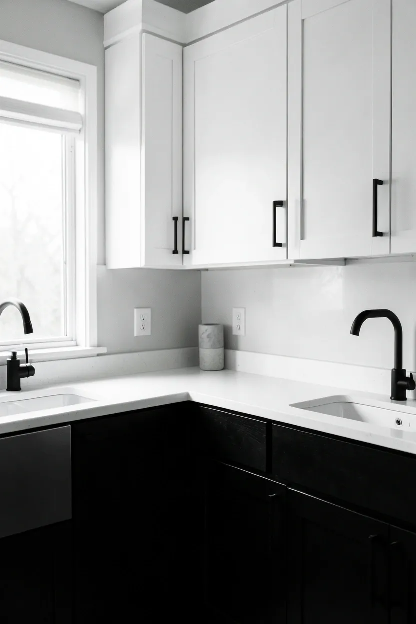 Curated gallery wall with black-framed black and white photography above a kitchen dining nook, adding personal character within the monochrome palette