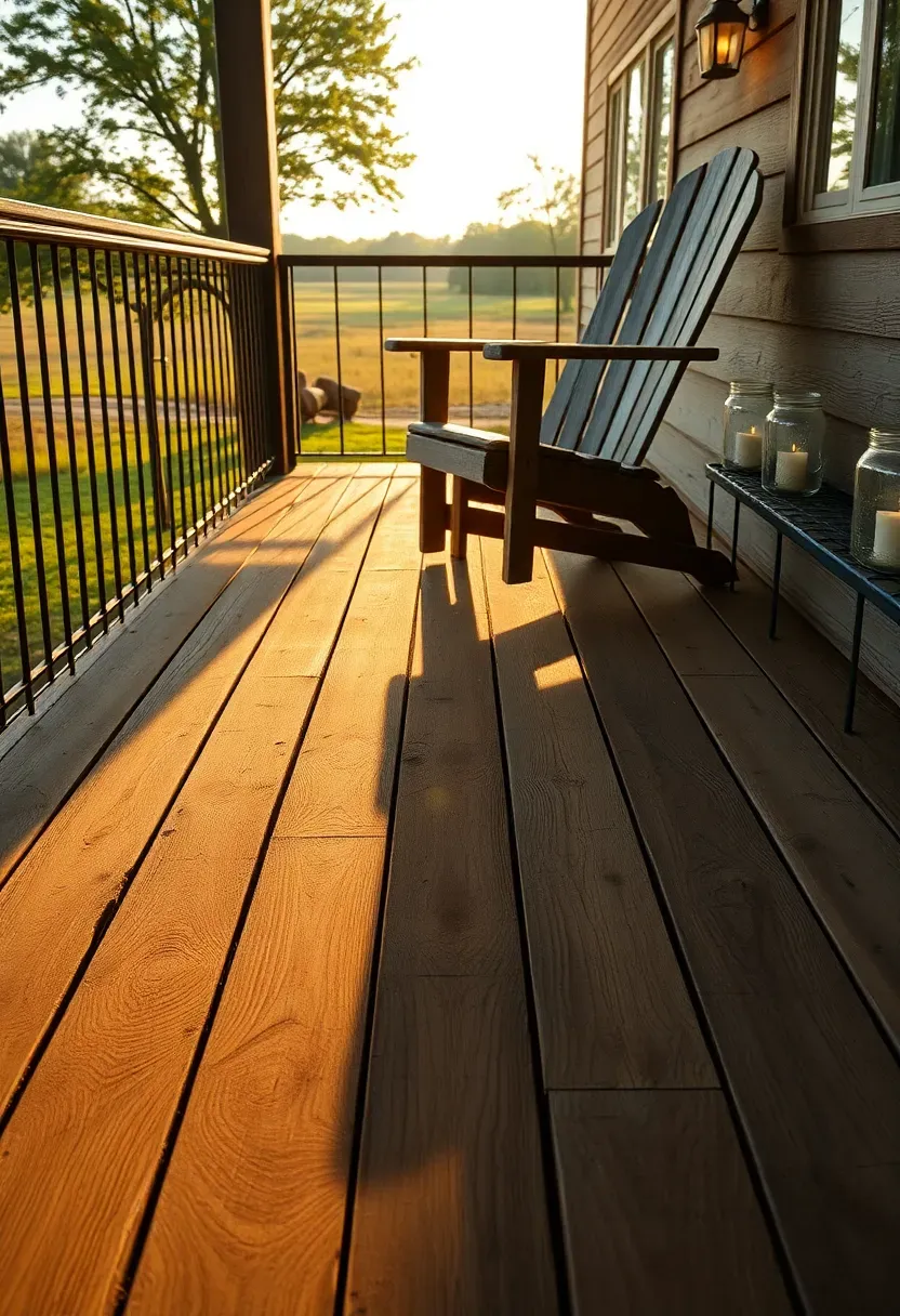 rustic back deck built with reclaimed barn wood planks in mixed warm brown tones, a weathered Adirondack chair, mason jar lanterns, and a hand-forged iron railing