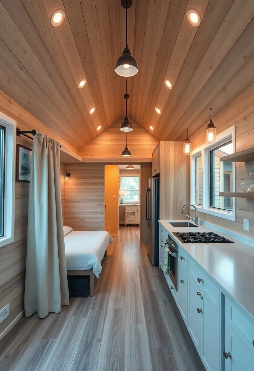 Hyper-realistic wide interior view of a 220 square foot tiny house showing main floor bedroom nook with queen bed, privacy curtain, and reading lights; kitchen visible beyond with full-size refrigerator, four-burner stove, and ample counter space. Open feel with vaulted ceiling. Light wood walls, luxury vinyl plank flooring. Materials: maple plywood, quartz countertop, stainless steel. Warm ambient lighting from pendant fixtures and recessed ceiling lights. Sp serene minimalist mood. Visible entire main floor layout. No text, no logos, no watermarks.</p>