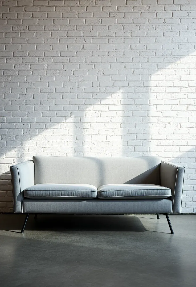 Hyper-realistic shot of light gray sofa against exposed white brick wall, brick texture shows mortar lines and subtle variations, sofa features clean modern lines with slim metal legs. Materials: light gray upholstery, white-painted brick with natural texture, black metal legs, concrete floor. Side lighting from window creating shadows in brick texture for depth, industrial minimalist mood. Sharp details on brick texture and sofa fabric, shallow depth of field, composition emphasizing textural contrast, no text, no logos, no watermarks.</p>
