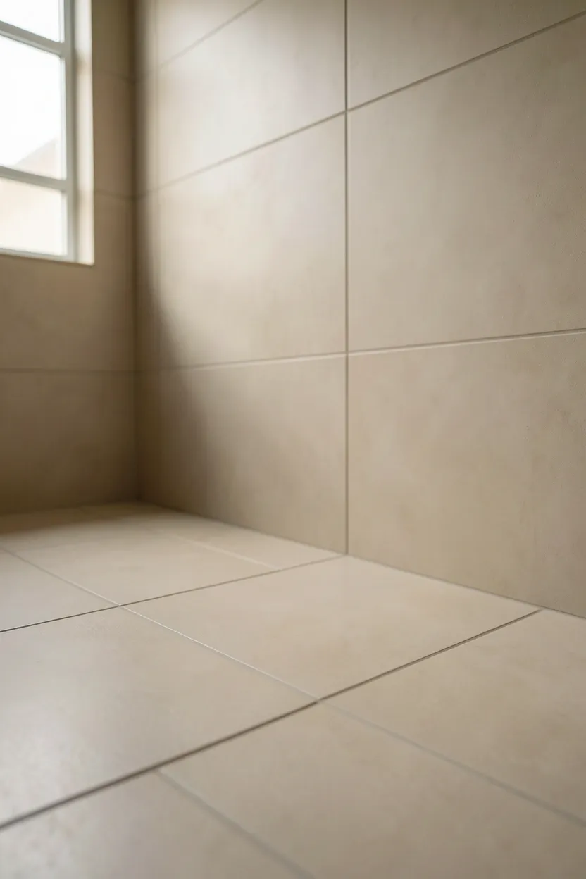 24x48 inch large-format matte tiles extending from bathroom floor into shower for a seamless modern look