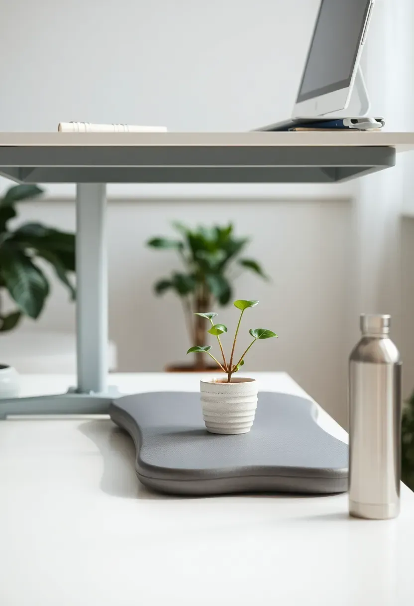 Ergonomic wellness home office with sit-stand desk at standing height, balance board, ceramic plant pot and stainless steel water bottle