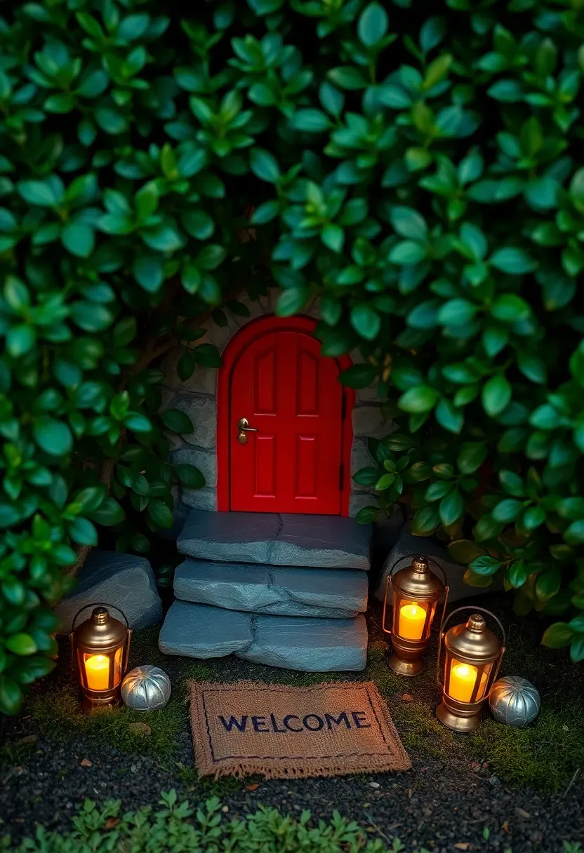 A hidden gnome fairy garden tucked beneath a dense hedge with a tiny red door, stone steps, lantern-shaped solar lights, and moss-covered ground