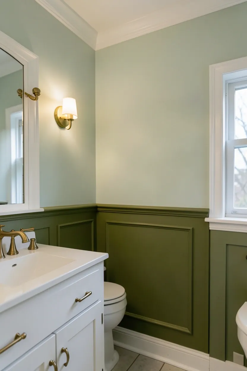 Two-tone green bathroom with hunter green wainscoting below and light sage walls above — elegant rental apartment bathroom idea