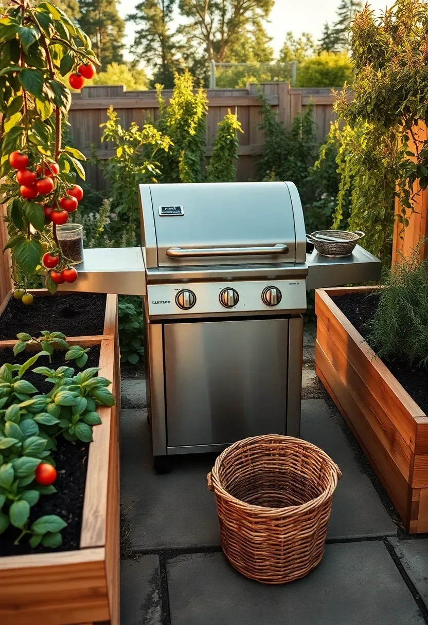 Backyard cooking area surrounded by raised garden beds with tomatoes, peppers, and herbs growing within arm's reach of a stainless steel grill