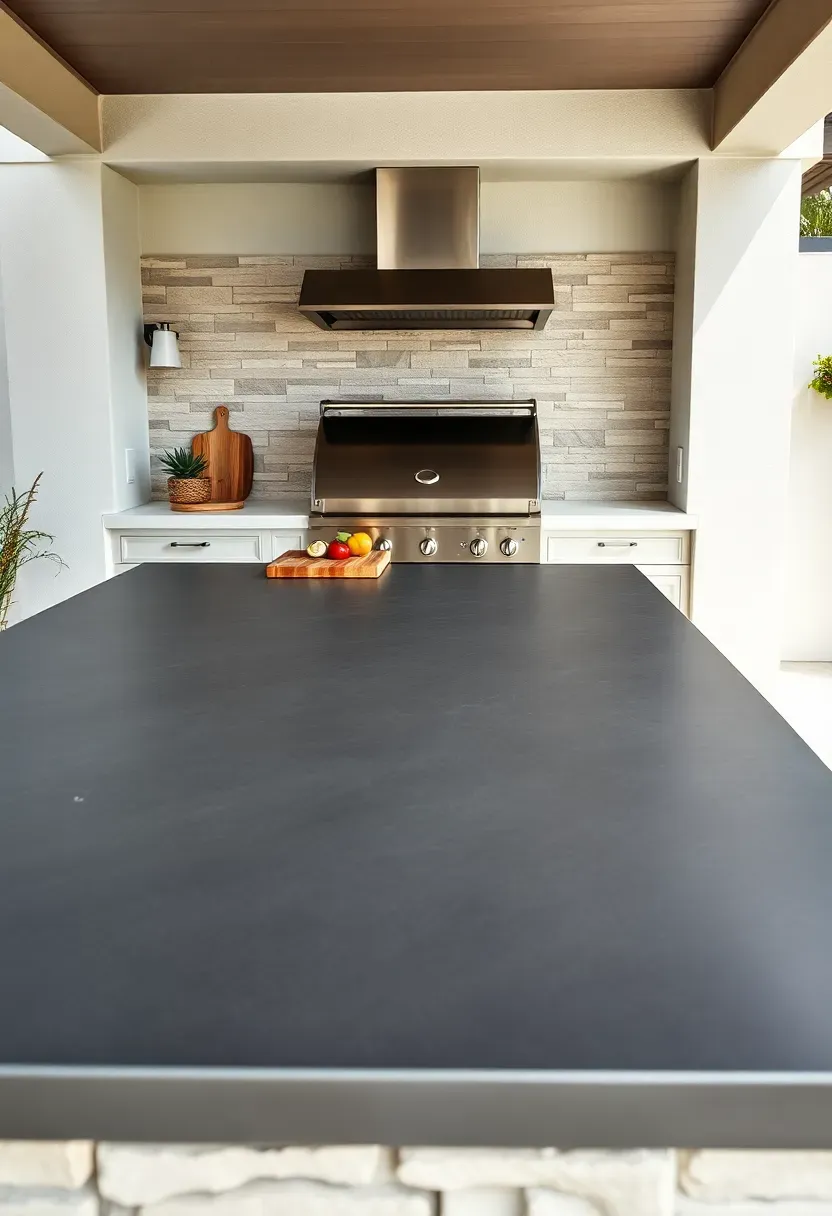 Outdoor kitchen island with a polished concrete countertop in charcoal gray, built-in stainless steel grill, and concrete block base in a landscaped backyard