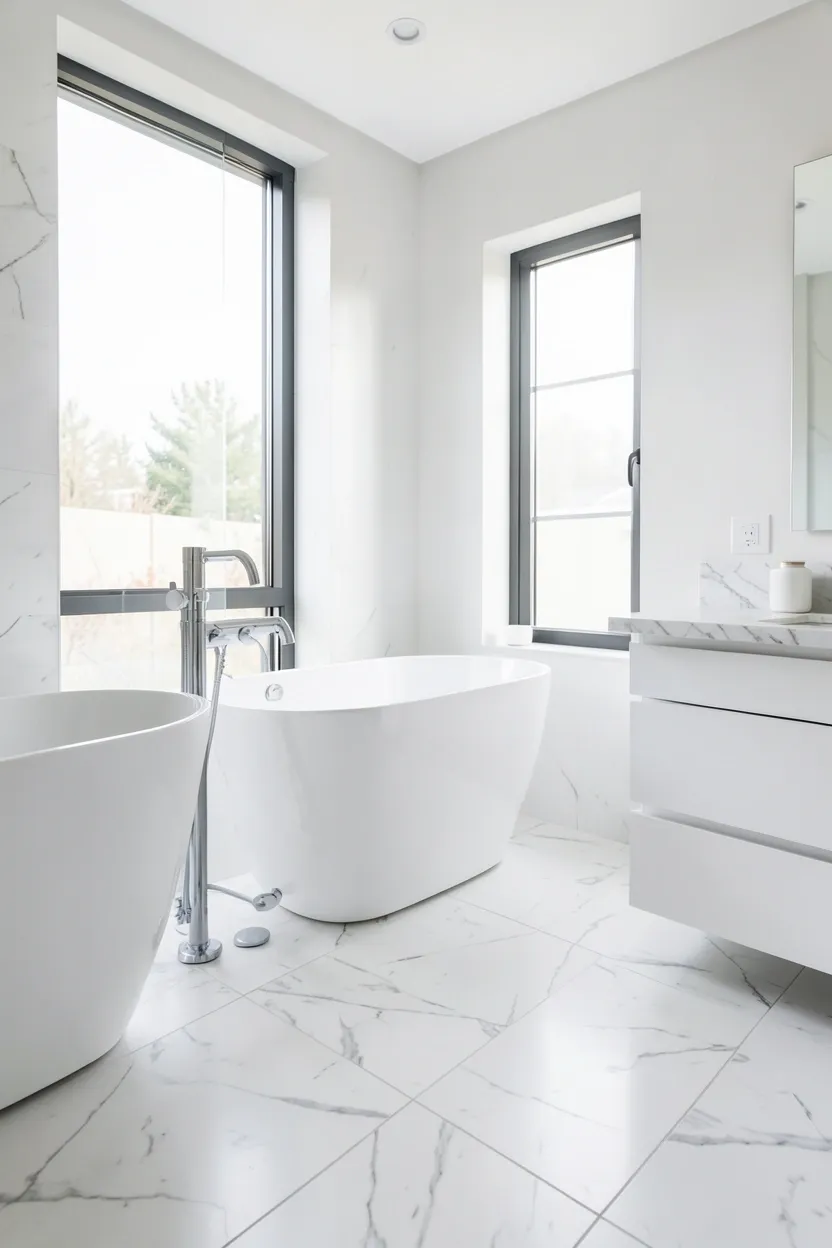 Luxurious white bathroom with white freestanding soaking tub, marble tile floor, white floating vanity, and recessed LED ceiling lights