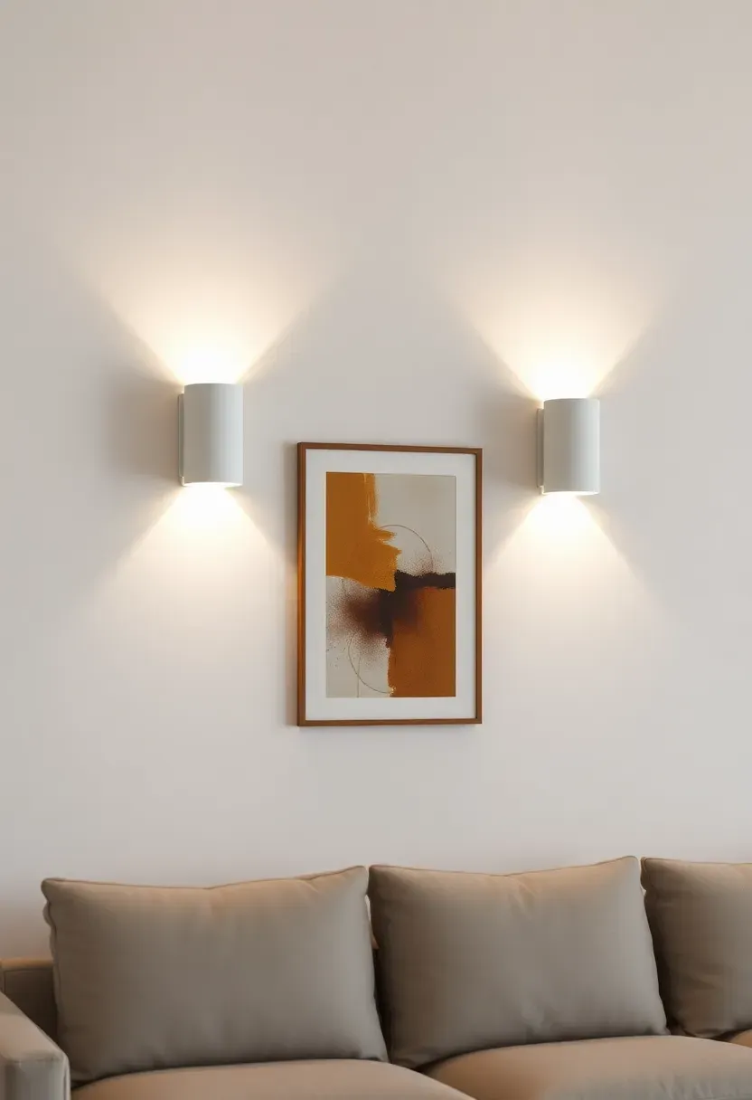Hyper-realistic 3/4 view of minimalist living room wall featuring two cylindrical matte white wall sconces with integrated LED diffusers mounted at eye level, positioned evenly apart. Clean geometric forms blending with white wall surface. Warm white light emanating outward creating soft ambient glow. Light grey sofa beneath, abstract art on wall between sconces. Materials: matte ceramic or metal sconces, LED modules, painted plaster wall. Subtle vertical accent. Shallow depth of field, sharp details on sconce form and light quality. No text, no logos, no watermarks.</p>