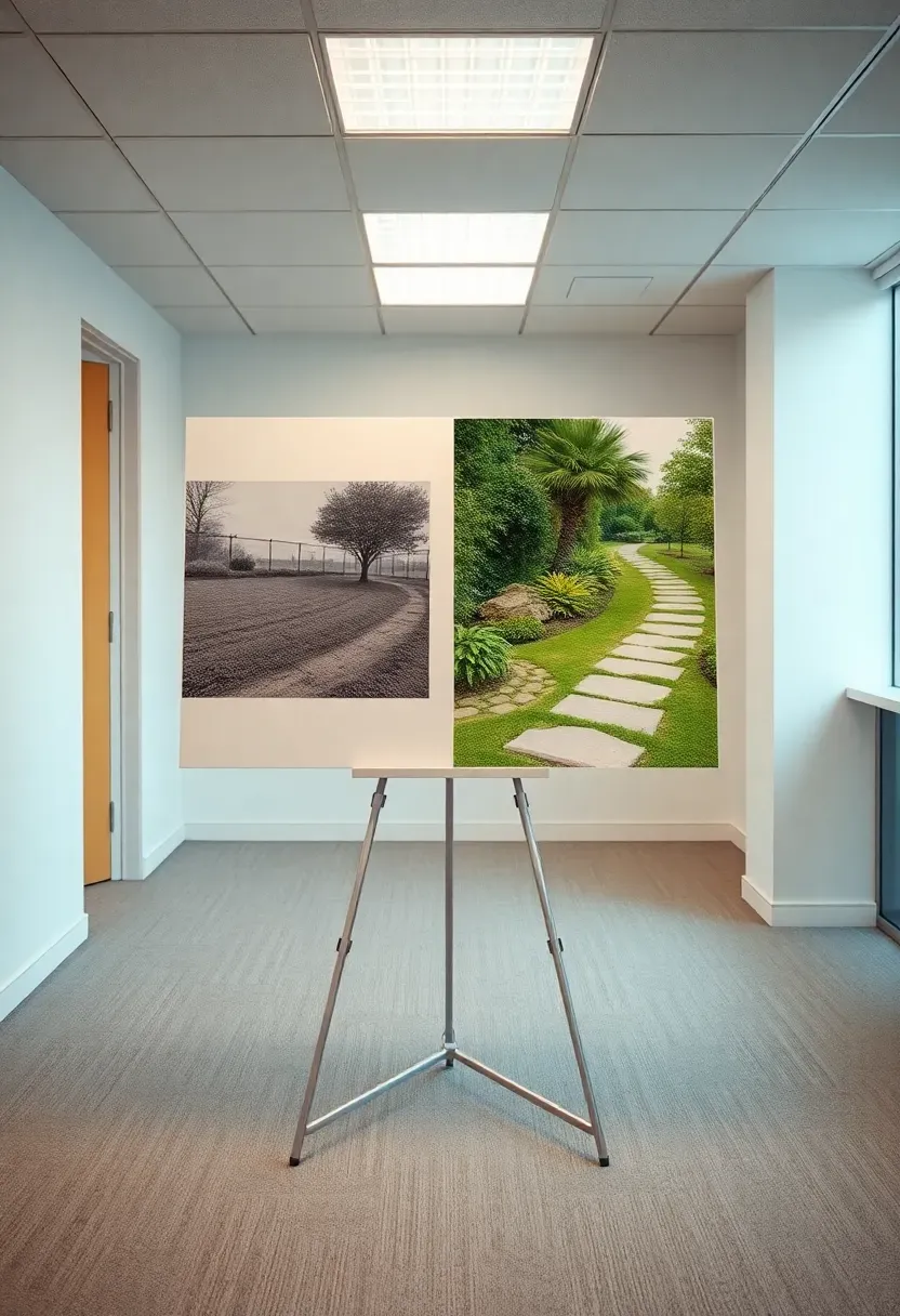 Professional landscape design presentation created in PRO Landscape software showing a before photo overlaid with proposed backyard plantings