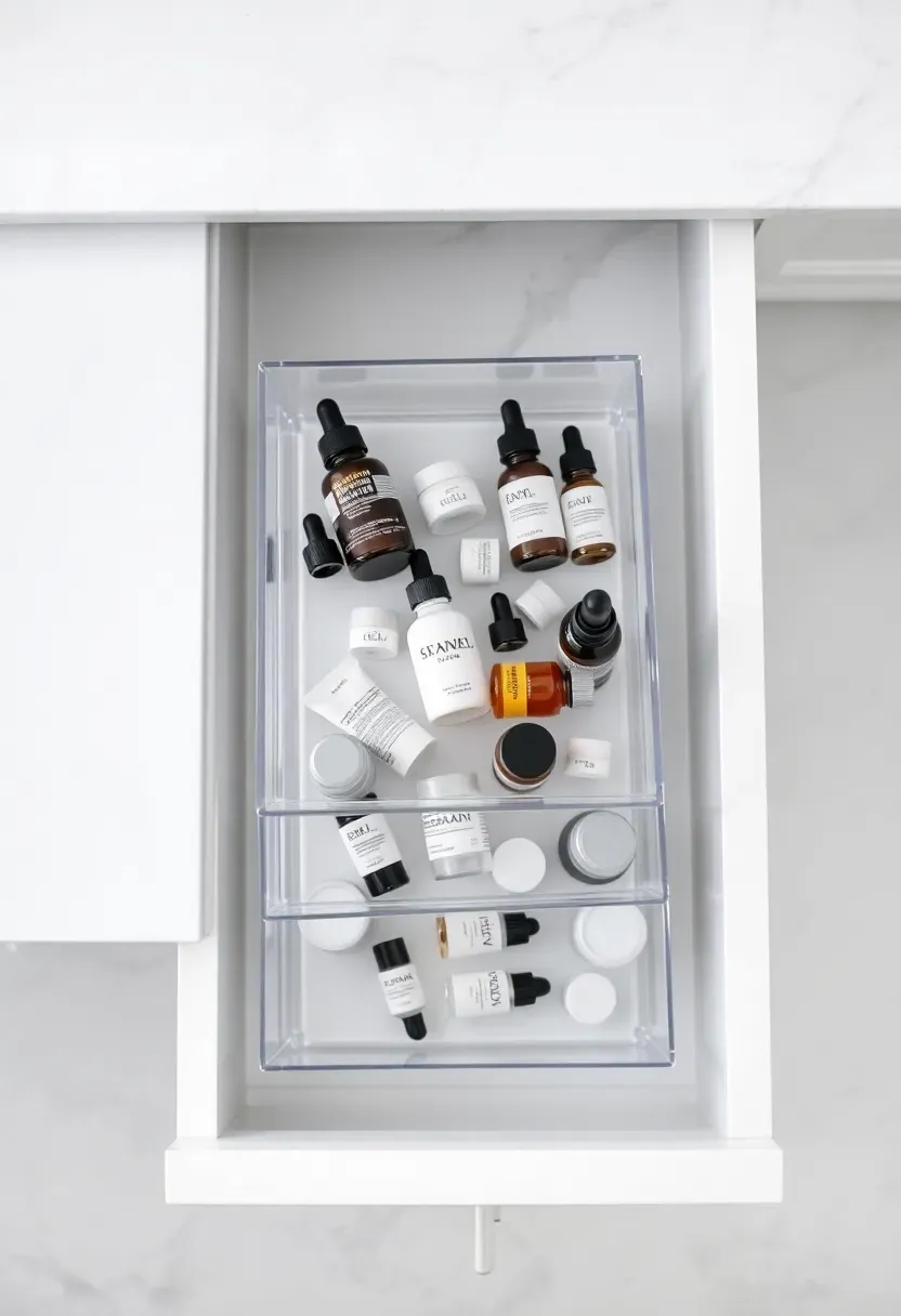Stack of three clear acrylic drawer trays inside a bathroom vanity organizing bottles of skincare serums and creams in neat rows