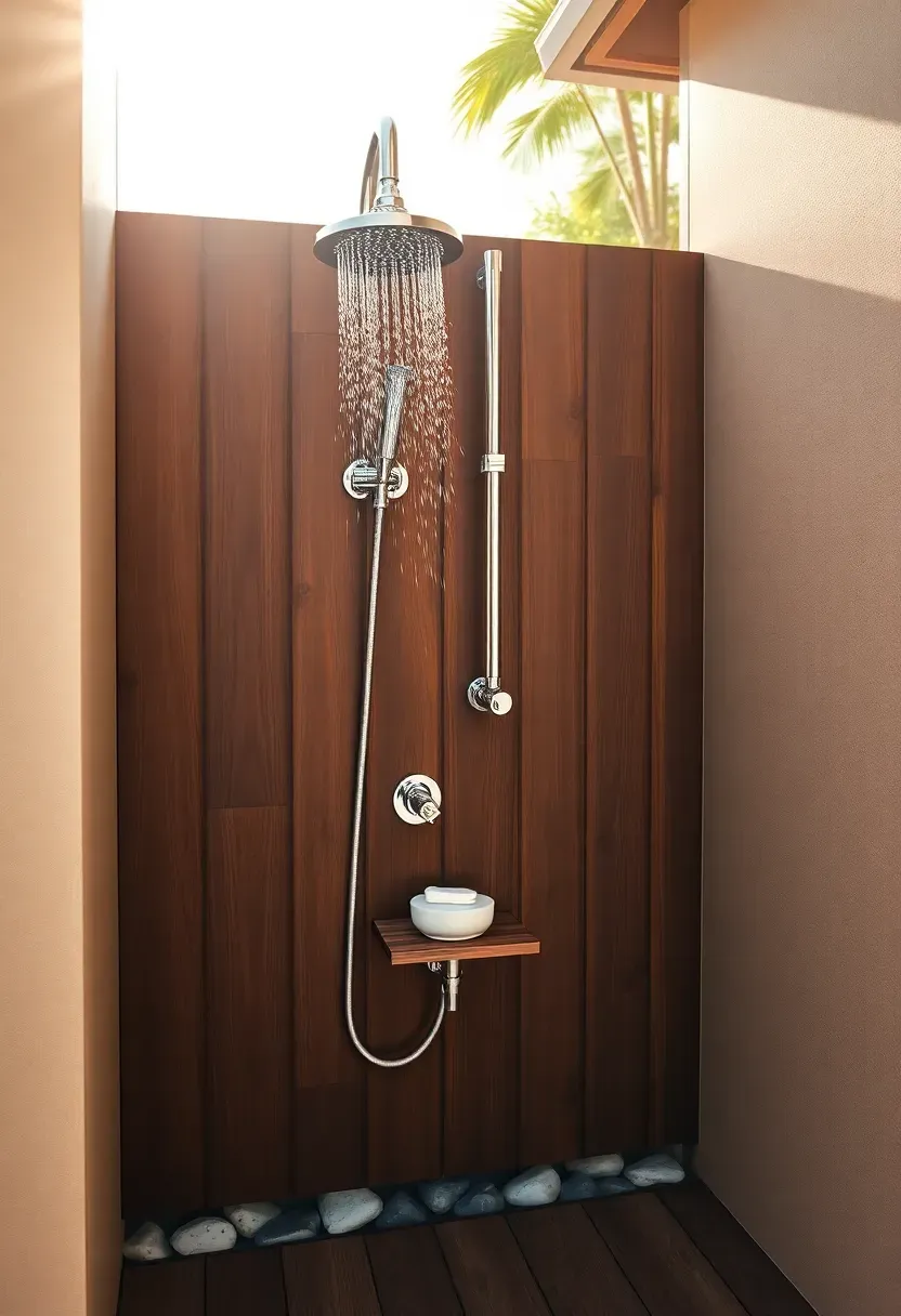 Wall-mounted outdoor shower with chrome fixtures on a dark wood privacy screen next to a backyard pool area