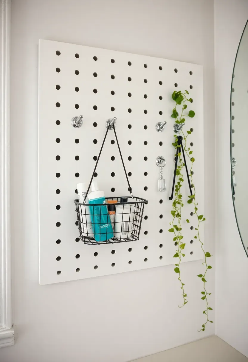 White pegboard panel mounted on a bathroom wall above the counter with hooks holding baskets and accessories