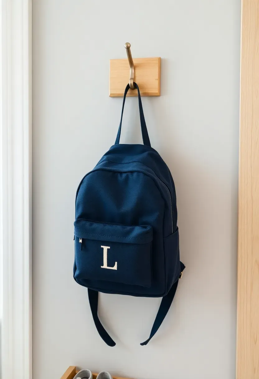 small monogrammed toddler backpack in navy blue hanging on a nursery hook