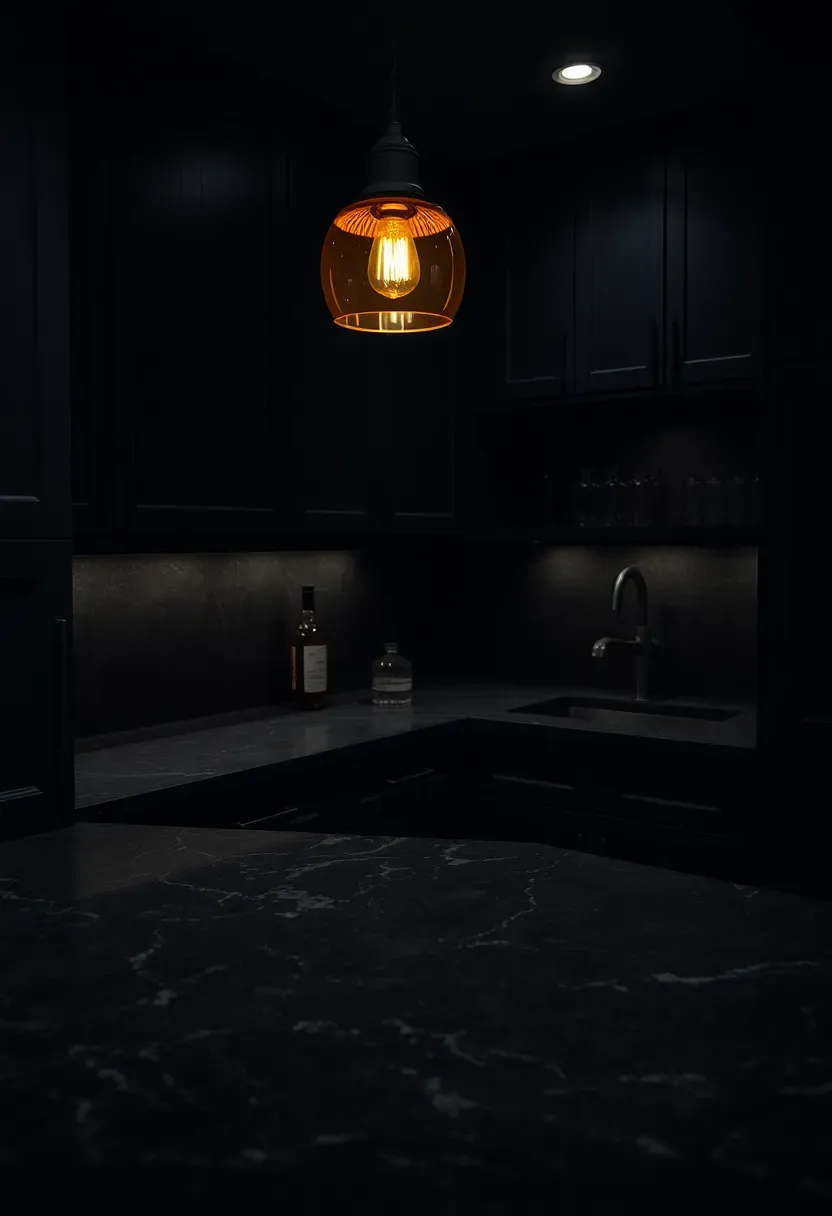 moody dark basement wet bar with matte black cabinets charcoal countertop and amber pendant light casting warm glow