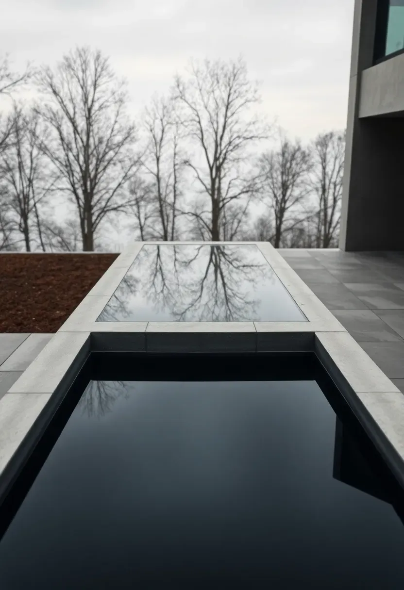 Rectangular raised concrete reflecting pool with smooth dark interior on a modern patio, reflecting trees and sky on its still water surface