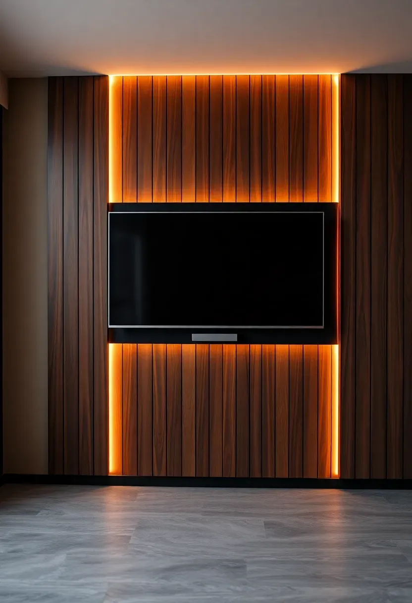 Basement TV wall with vertical dark walnut slat panels flanking a mounted flat screen and soft warm backlighting