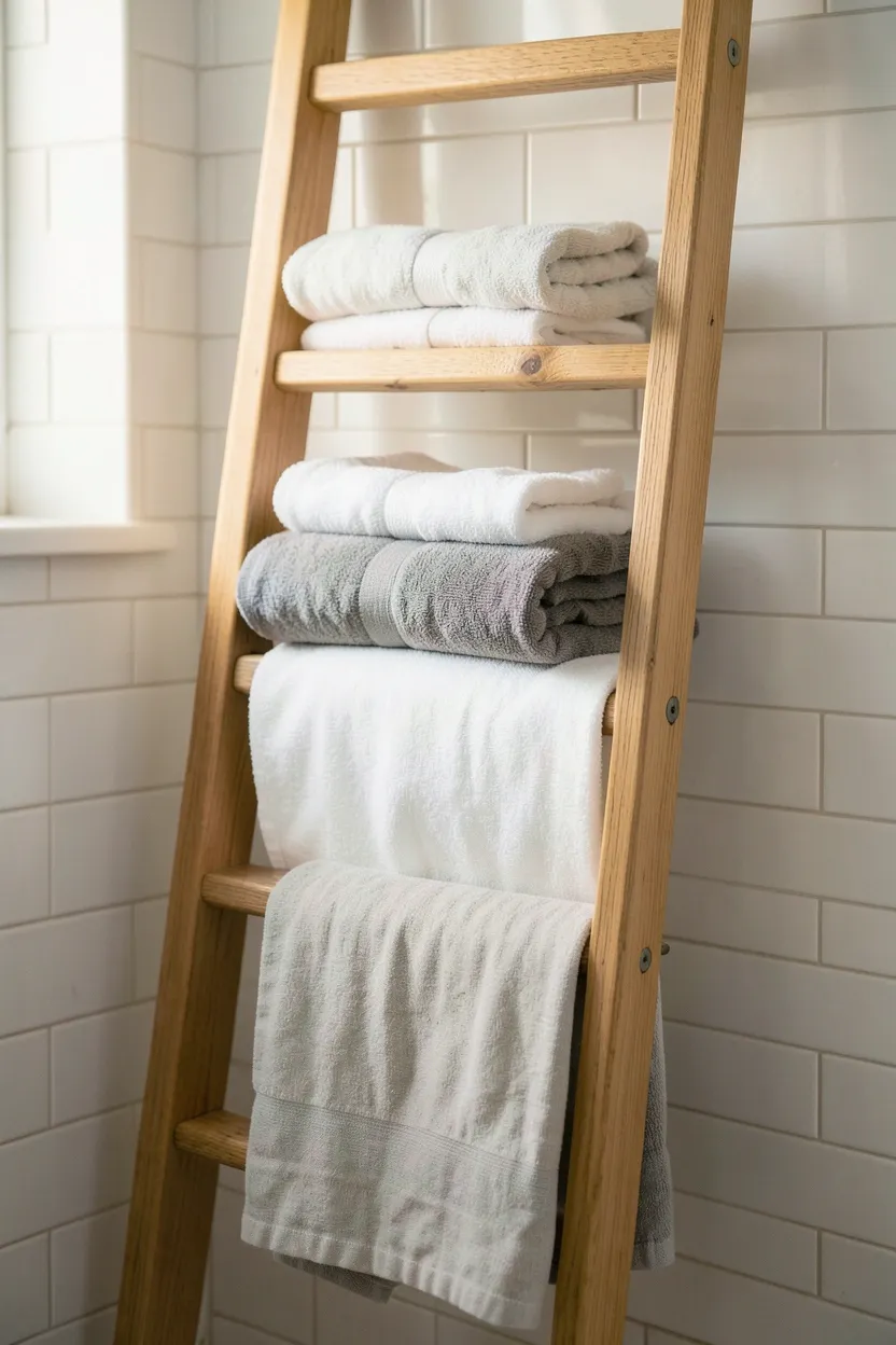 Light maple wooden floating shelves above toilet in a small apartment bathroom holding plants and toiletries, no floor space used