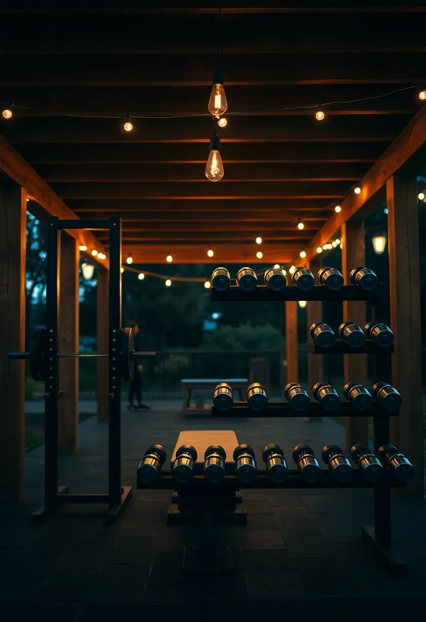 Outdoor weight room under a wooden pergola with squat rack, bench press, dumbbells on a rack, and string lights overhead at dusk