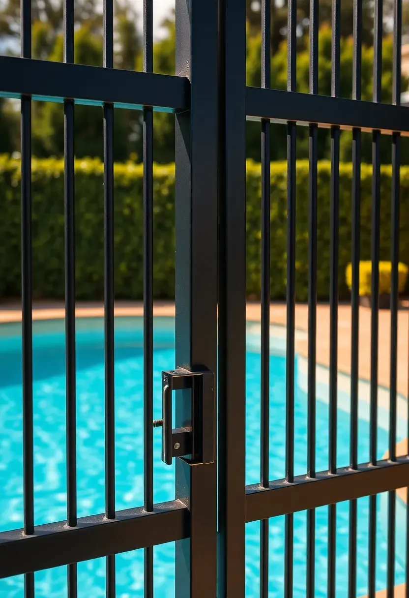 Black aluminum fence surrounding a backyard swimming pool with turquoise water and green landscaping