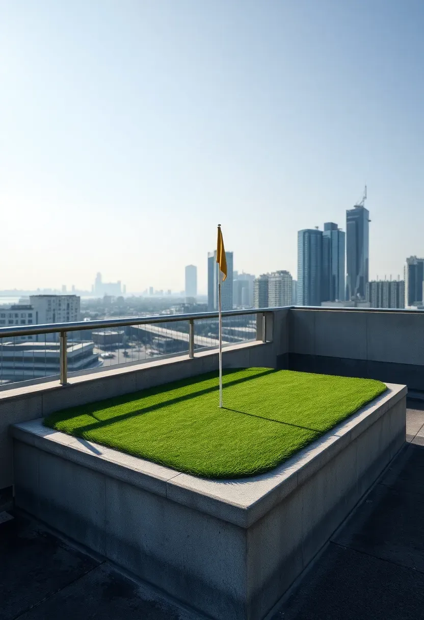 Small rooftop putting green on a city building with artificial turf and skyline views in the background