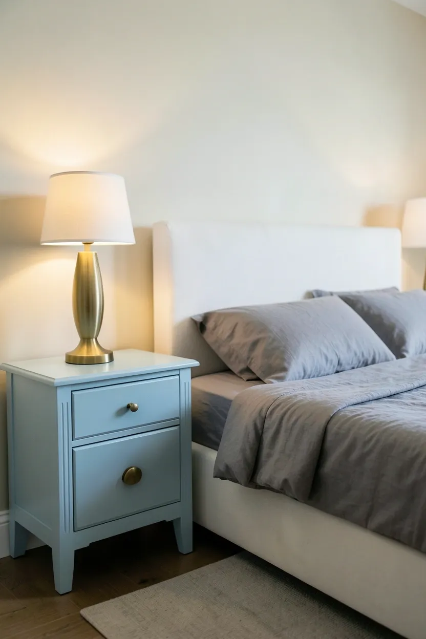 Hyper-realistic eye-level photograph of two pale blue nightstands with brass drawer pulls, flanking a white upholstered bed. Neutral cream walls, gray bedding on bed, table lamps in brass on nightstands, minimal accessories. Materials: painted pale blue wood nightstands, brass hardware, white upholstered headboard, cotton gray bedding. Warm ambient lighting from lamps, elegant refined atmosphere. Shallow depth of field, sharp details on brass pulls and nightstand finish, balanced composition showing bed and nightstands. No text, no logos, no watermarks.</p>