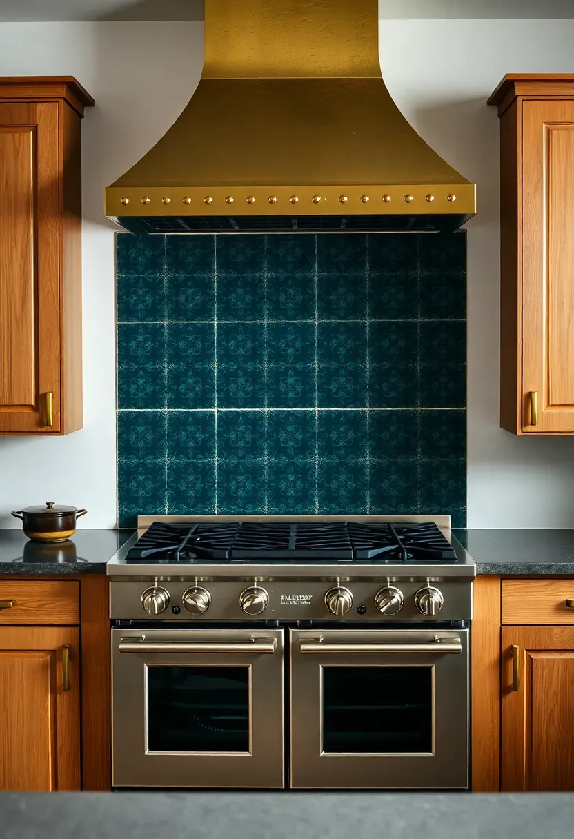 deep teal zellige tile backsplash behind stove with hand-hammered brass range hood and warm wood cabinets