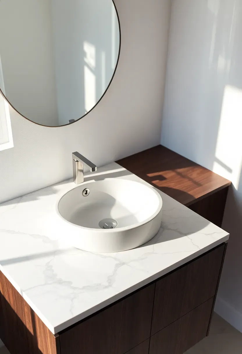 Thin porcelain slab countertop in a calacatta marble pattern on a modern floating bathroom vanity